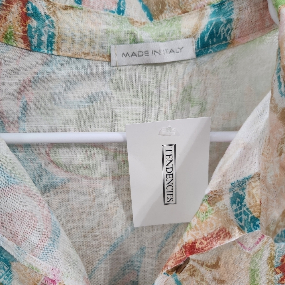 NWT Itallian 100% Linen beachy island button up shirt coastal paisley artsy OS - Picture 3 of 12